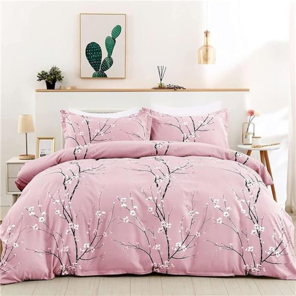 Floral Duvet Cover Set King, Pink Flower Plum Pattern Comforter Cover Set